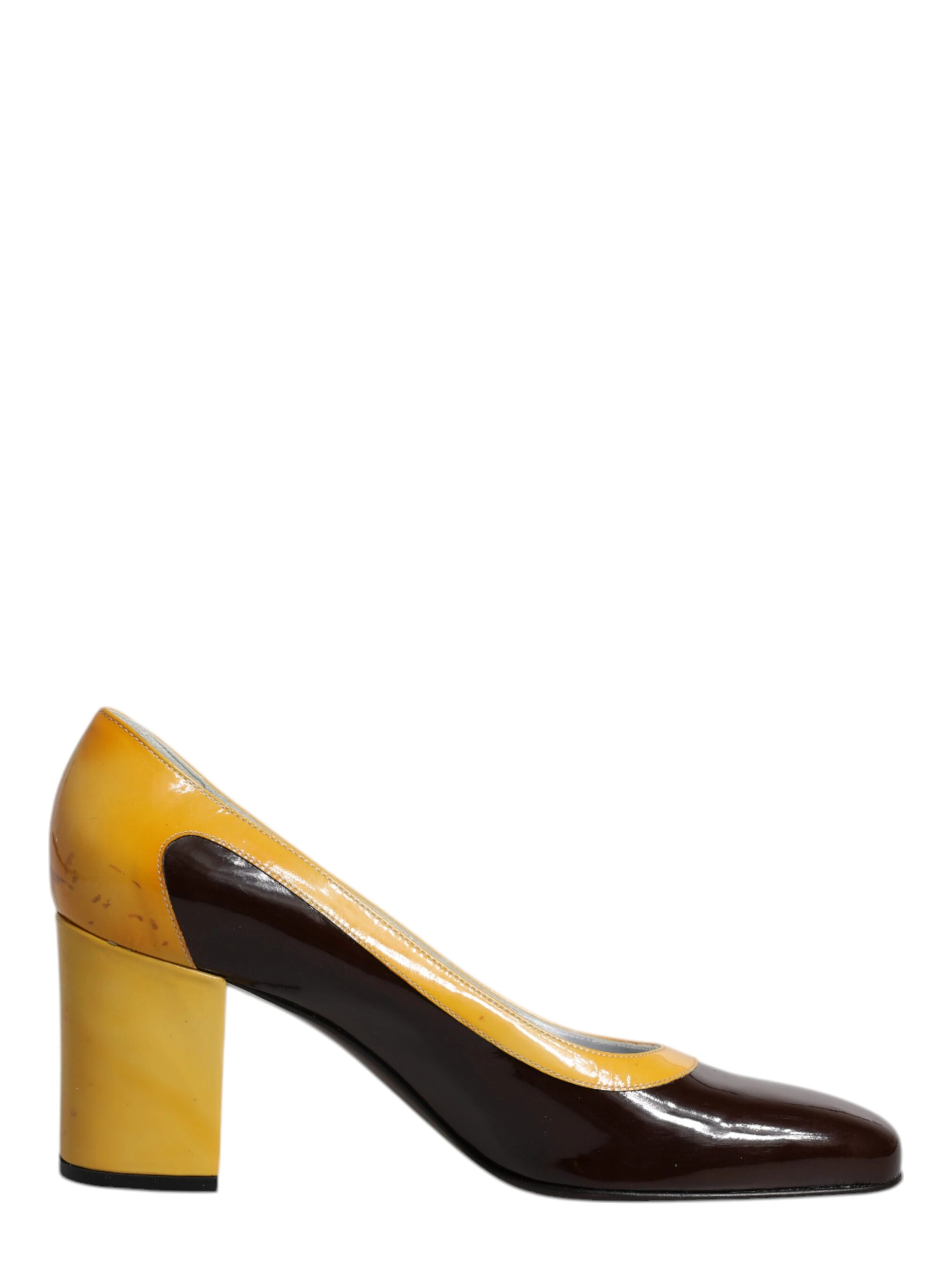 Yellow Brown Leather Block Heel Pumps Shoes