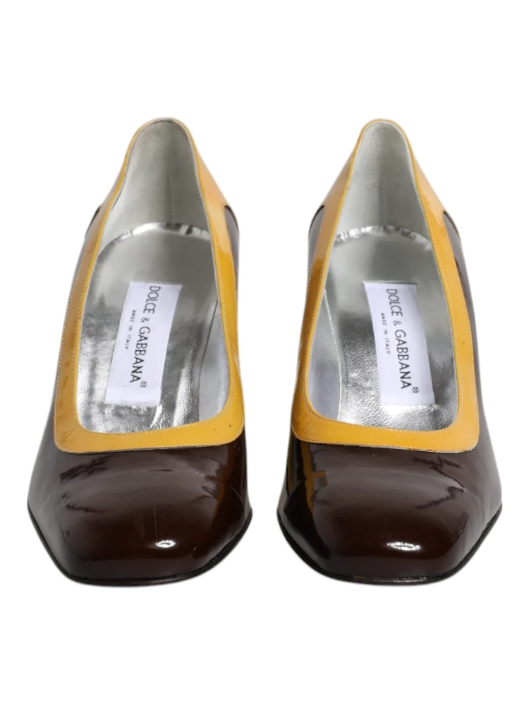 Yellow Brown Leather Block Heel Pumps Shoes alternative