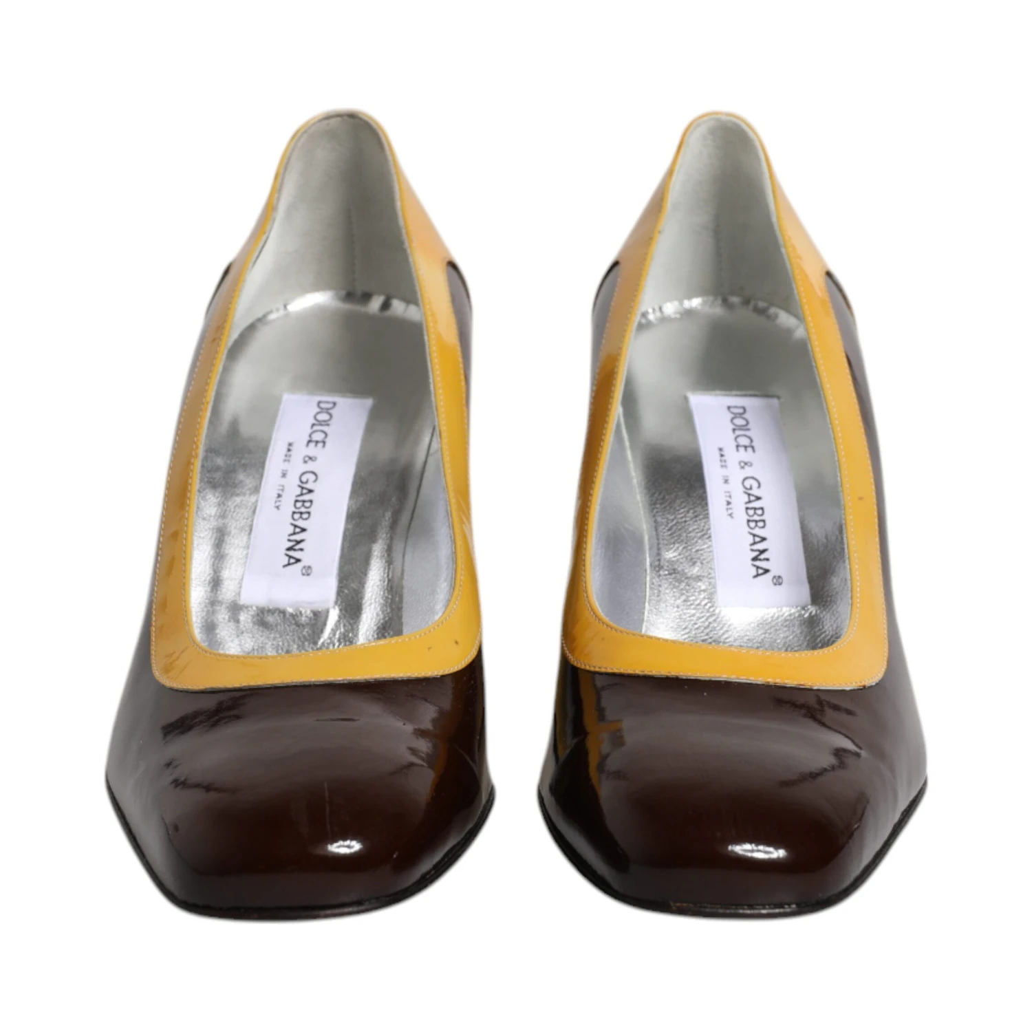 Yellow Brown Leather Block Heel Pumps Shoes