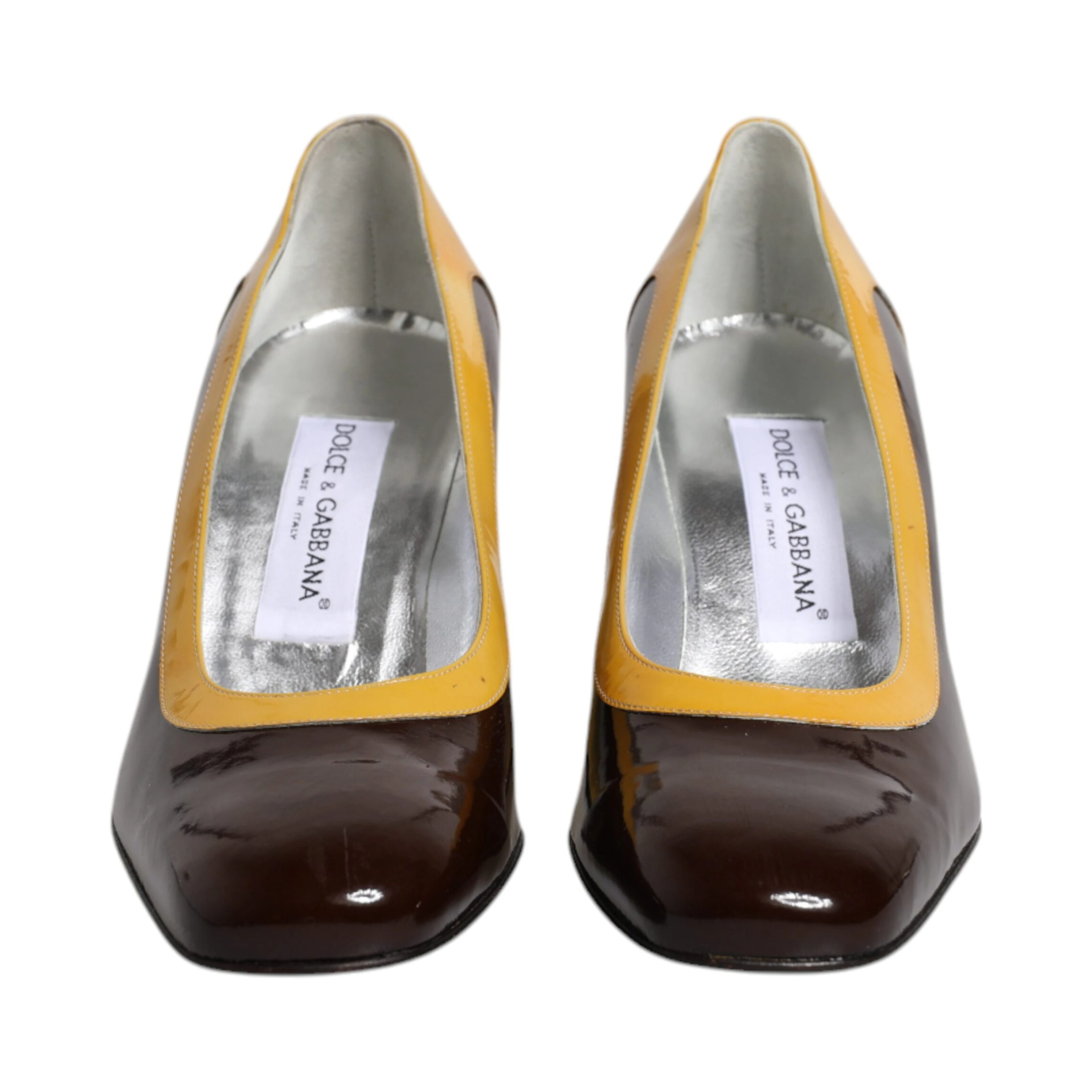 Yellow Brown Leather Block Heel Pumps Shoes