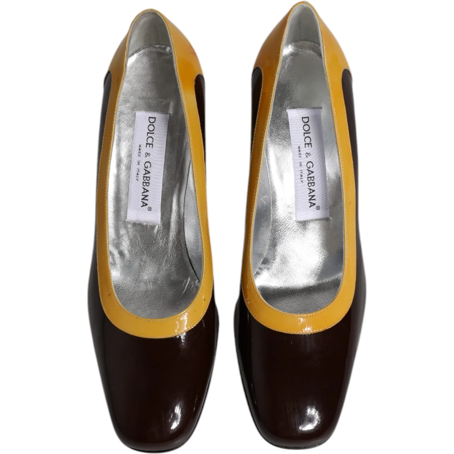 Yellow Brown Leather Block Heel Pumps Shoes