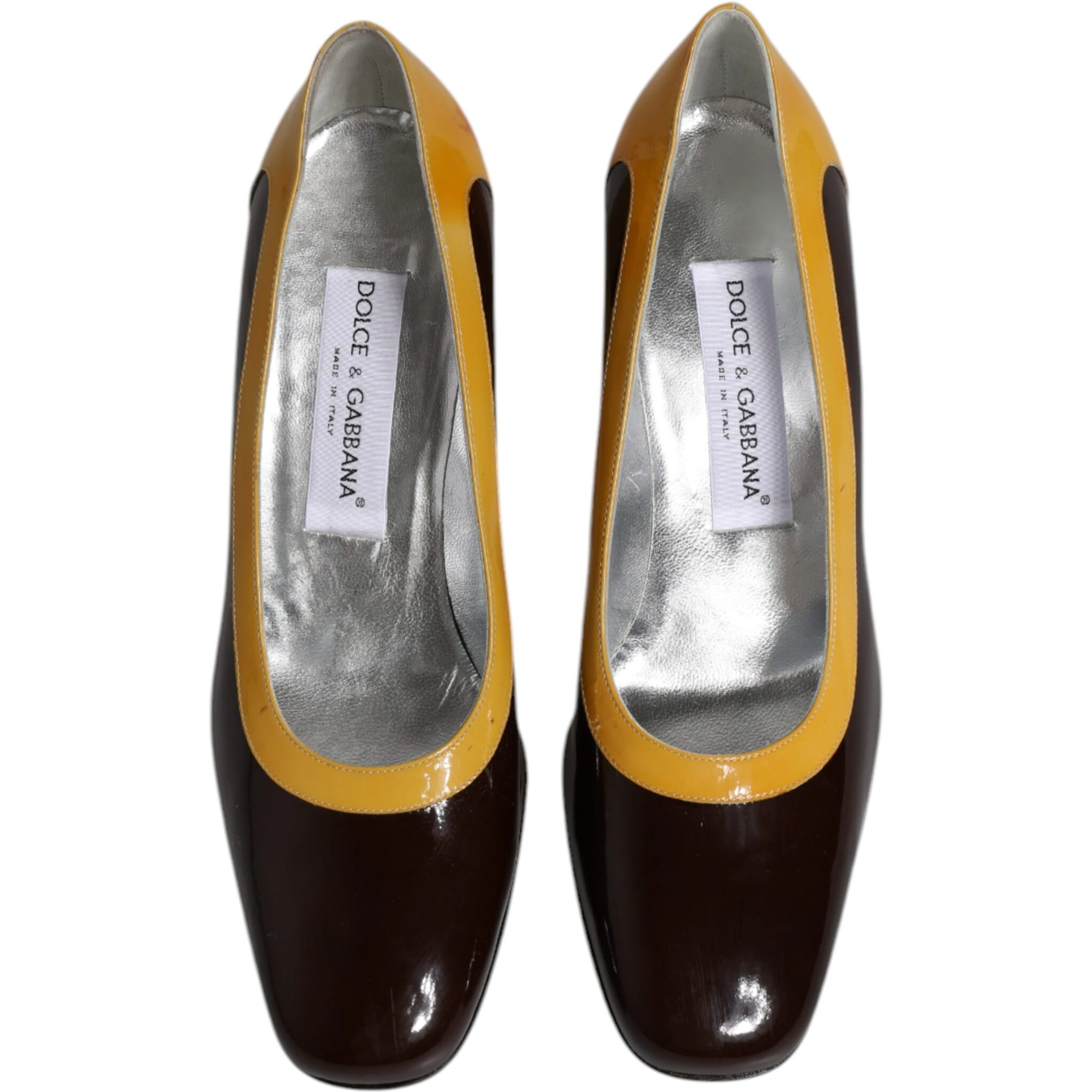 Yellow Brown Leather Block Heel Pumps Shoes