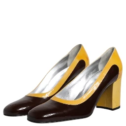 Yellow Brown Leather Block Heel Pumps Shoes