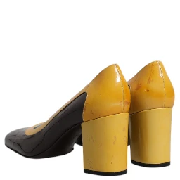 Yellow Brown Leather Block Heel Pumps Shoes