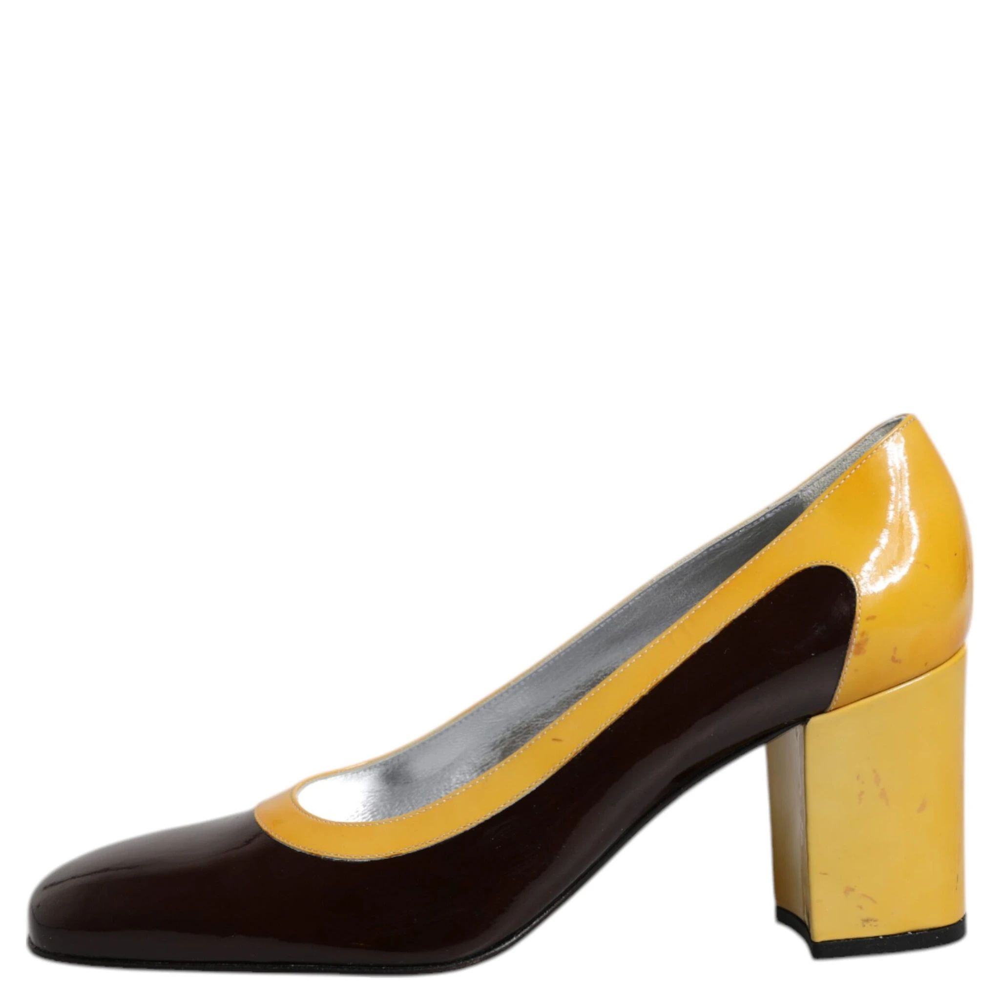Yellow Brown Leather Block Heel Pumps Shoes