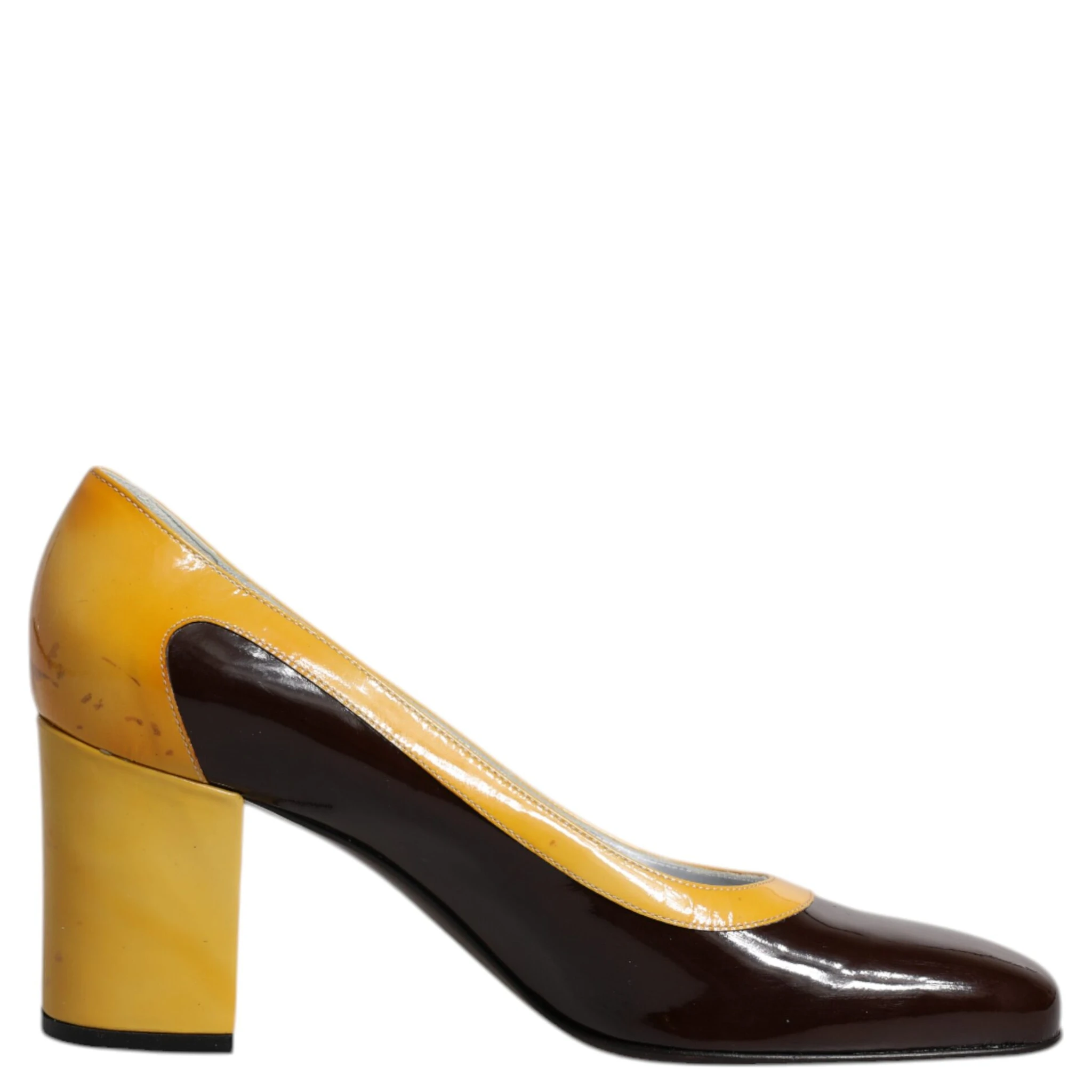 Yellow Brown Leather Block Heel Pumps Shoes