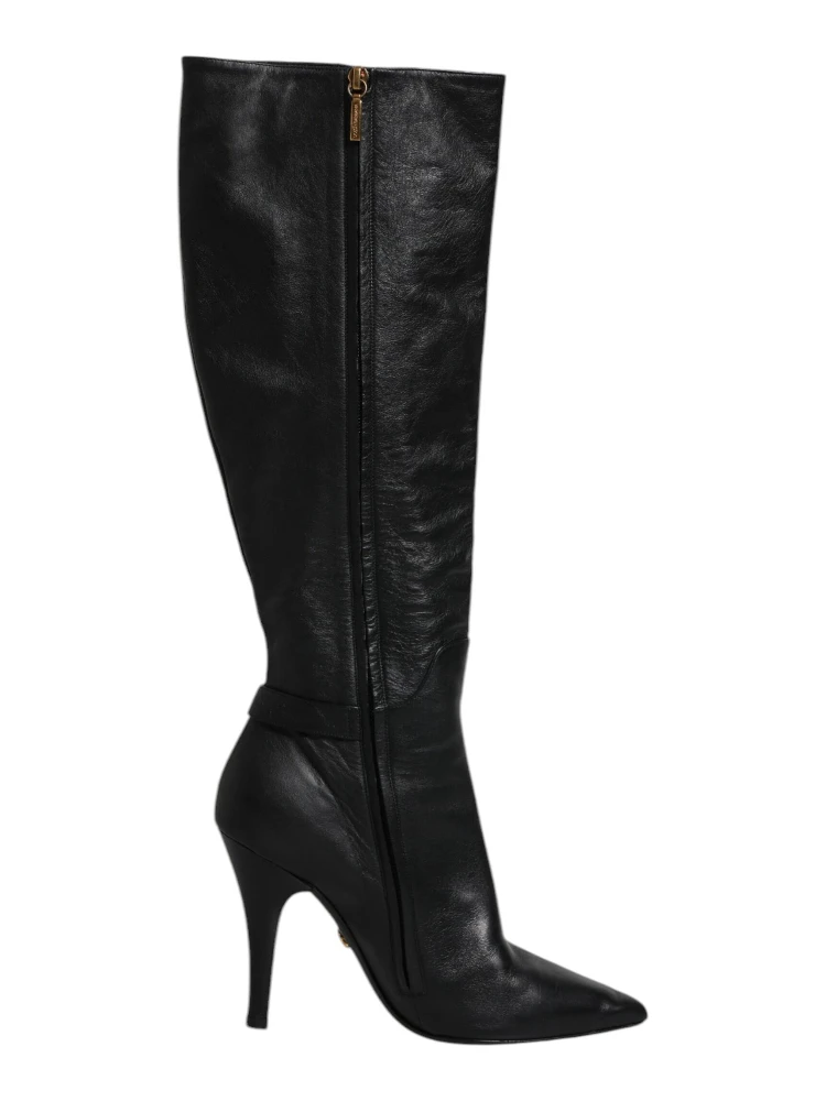 Black Leather Heels Knee High Boots Shoes
