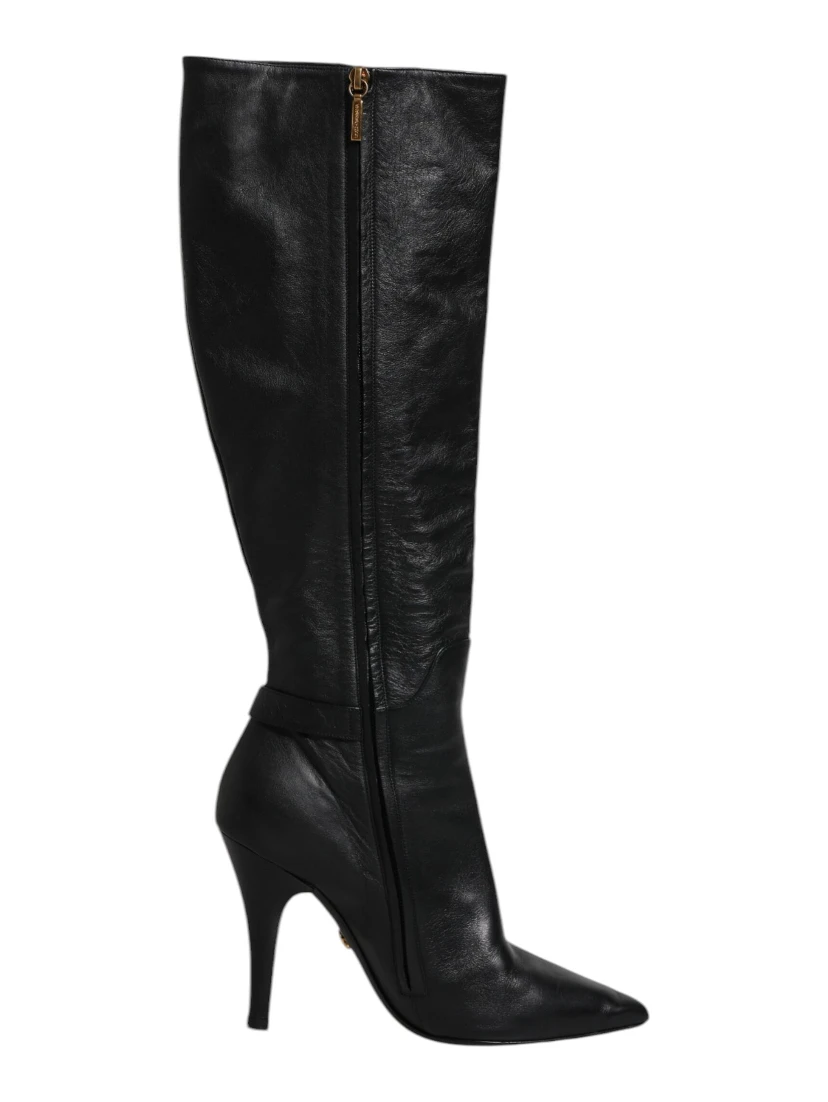 Black Leather Heels Knee High Boots Shoes