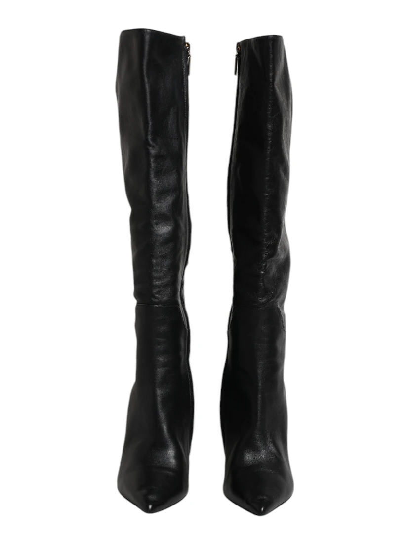 Black Leather Heels Knee High Boots Shoes