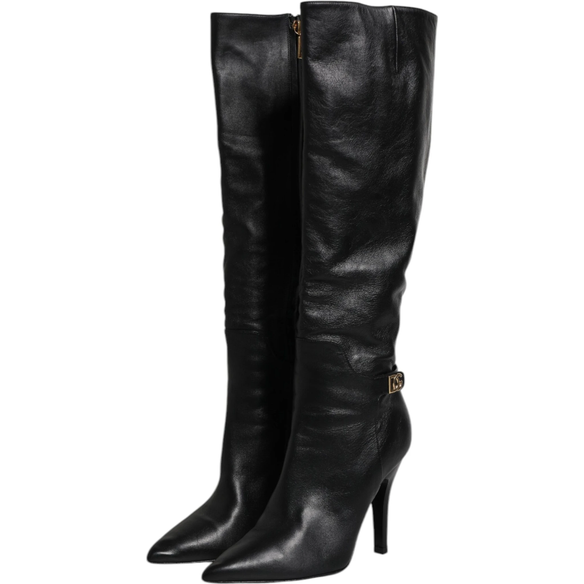 Black Leather Heels Knee High Boots Shoes