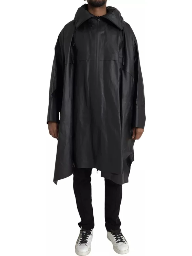 Black Leather Hooded Men Trenchcoat Jacket