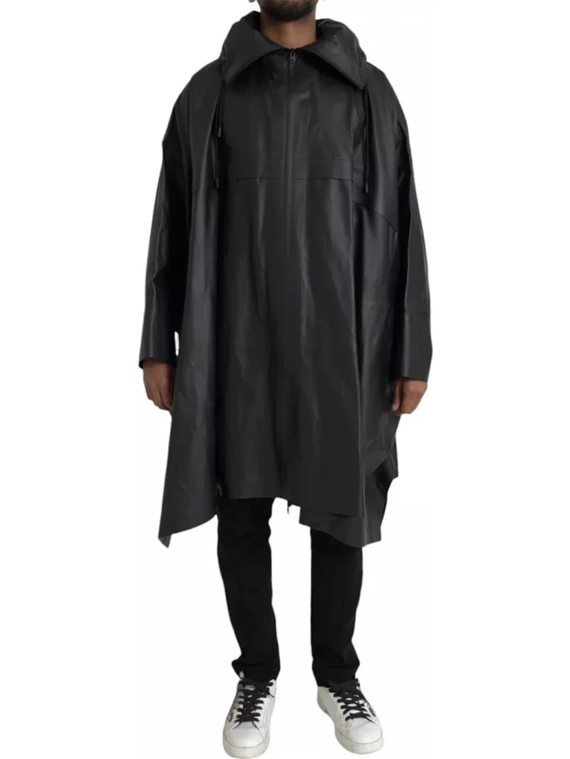 Black Leather Hooded Men Trenchcoat Jacket