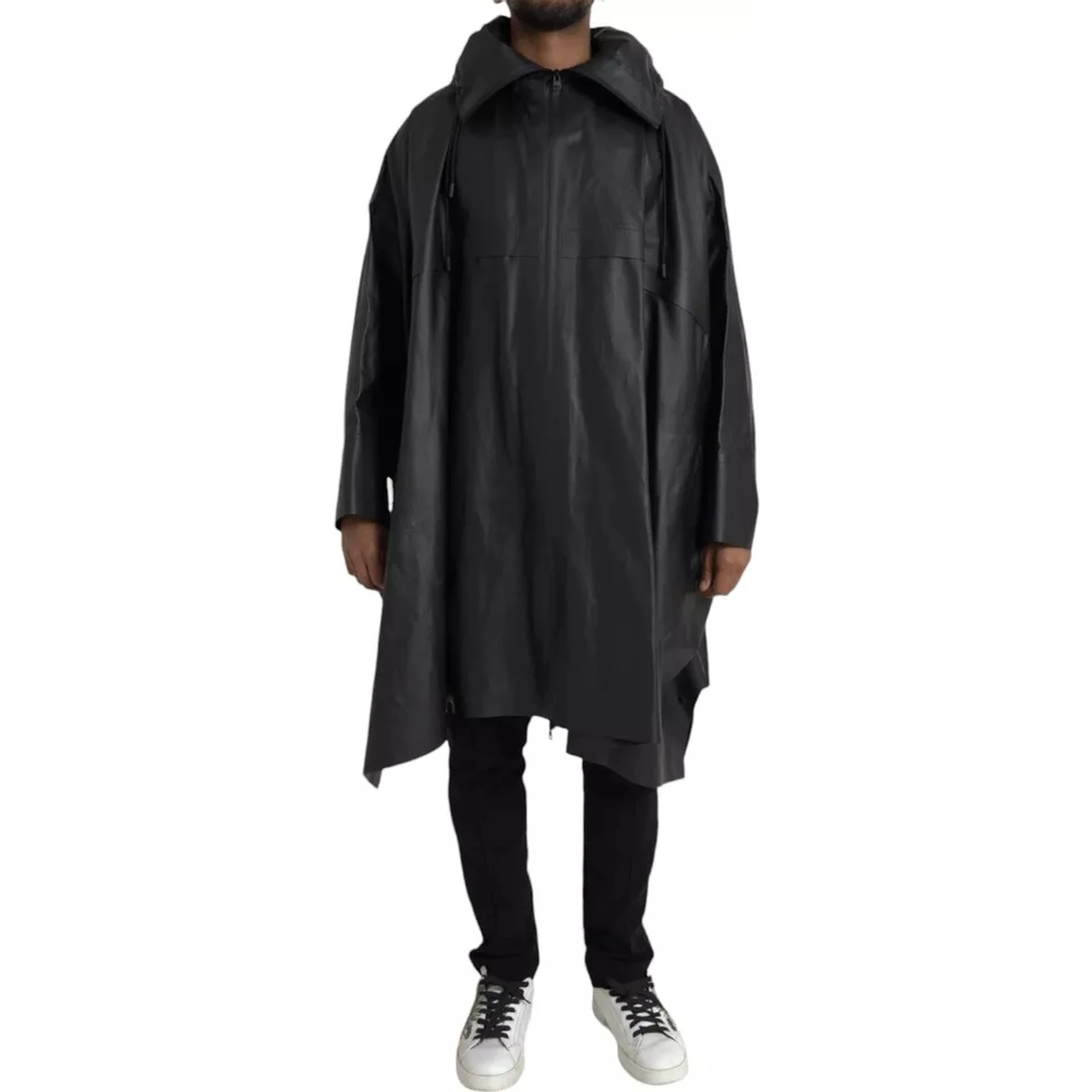 Black Leather Hooded Men Trenchcoat Jacket