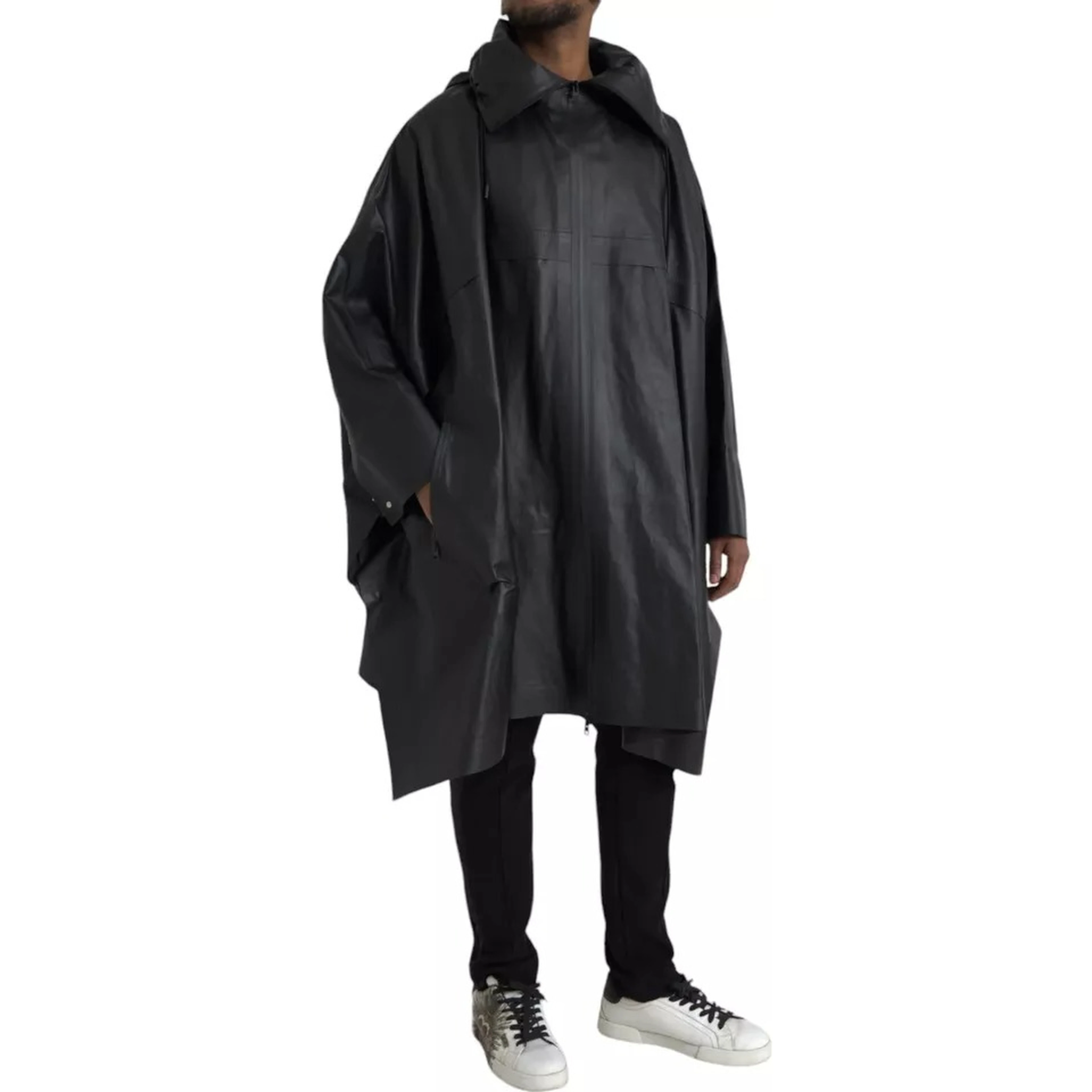 Black Leather Hooded Men Trenchcoat Jacket