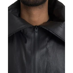 Black Leather Hooded Men Trenchcoat Jacket