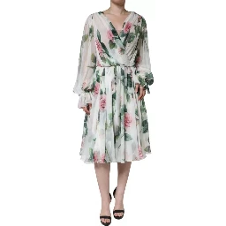 White Silk Floral Print A-line Midi Dress