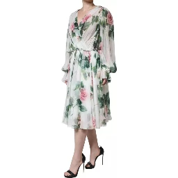 White Silk Floral Print A-line Midi Dress