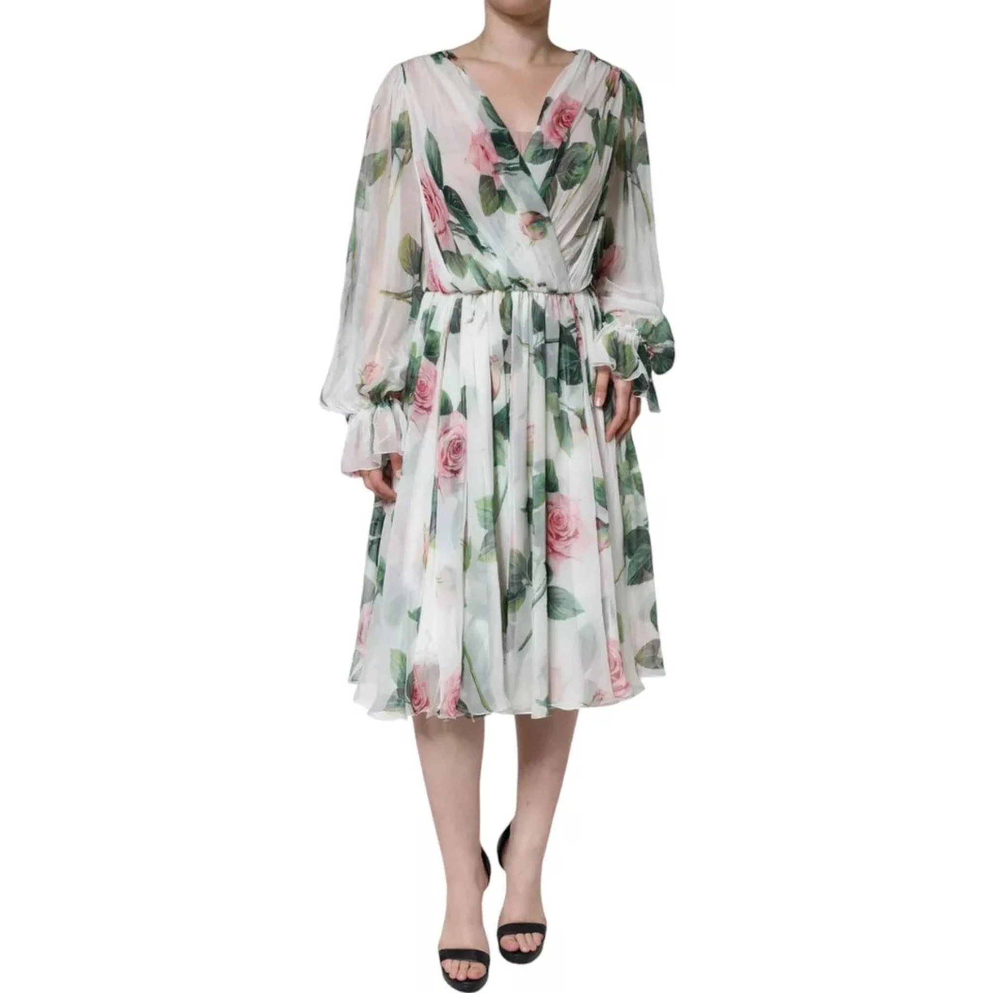 White Silk Floral Print A-line Midi Dress