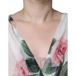 White Silk Floral Print A-line Midi Dress