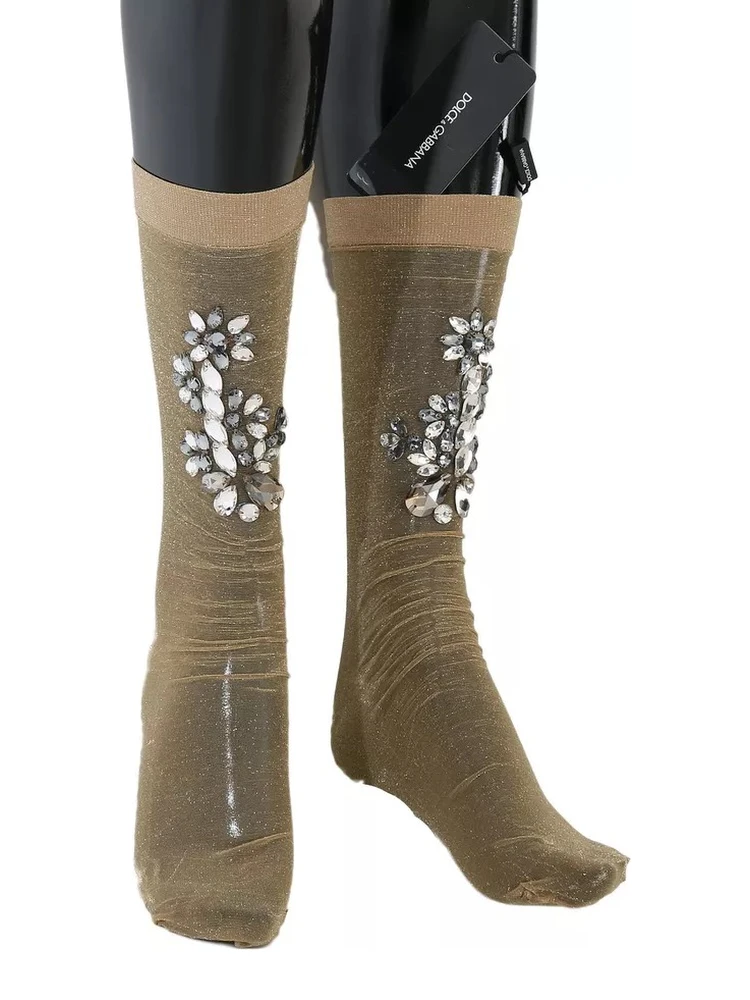 Gold Stretch Floral Clear Crystal Stocking Socks