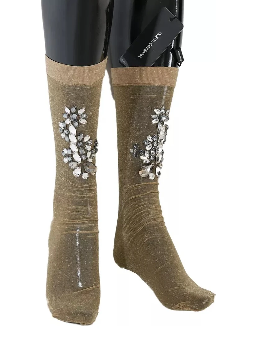 Gold Stretch Floral Clear Crystal Stocking Socks