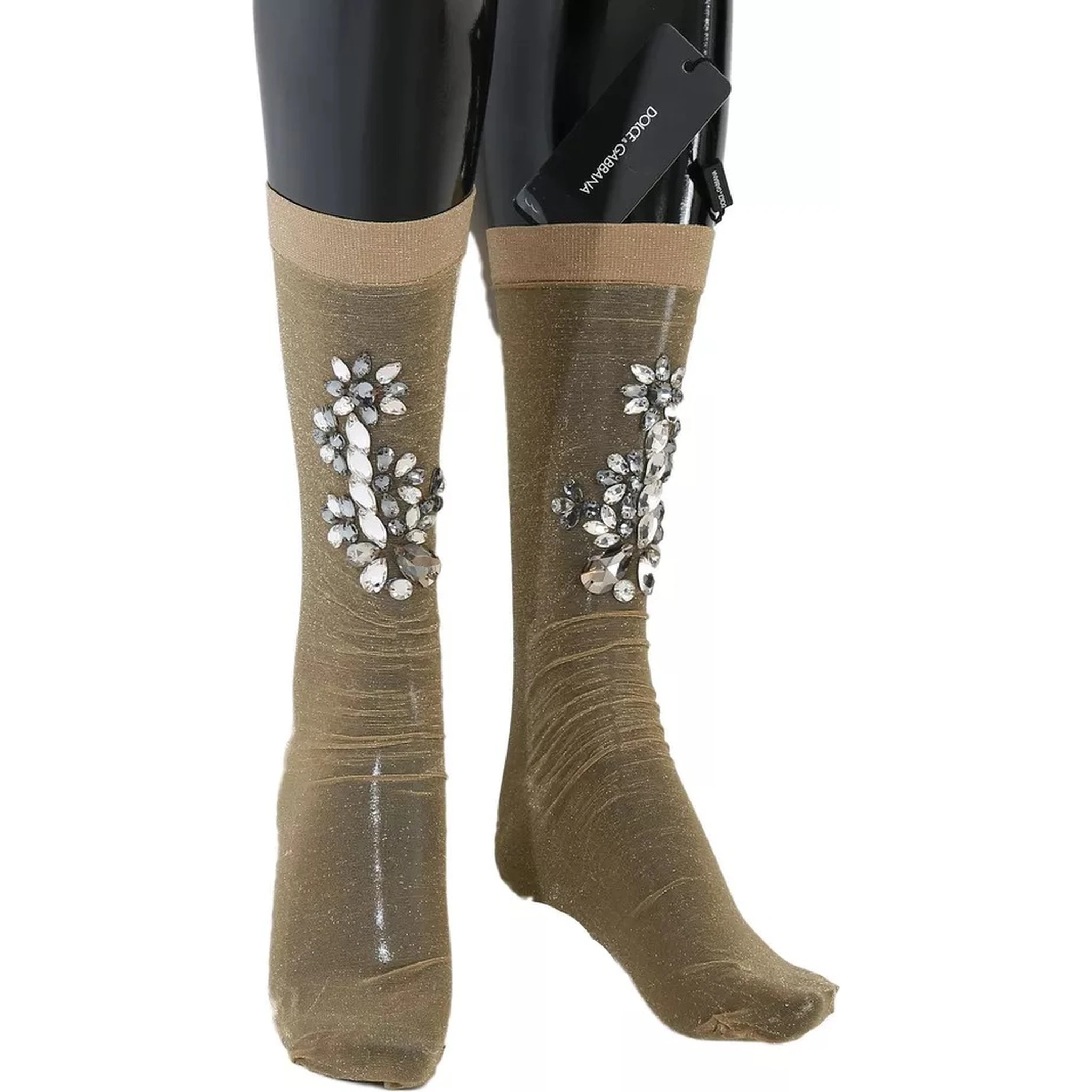 Gold Stretch Floral Clear Crystal Stocking Socks