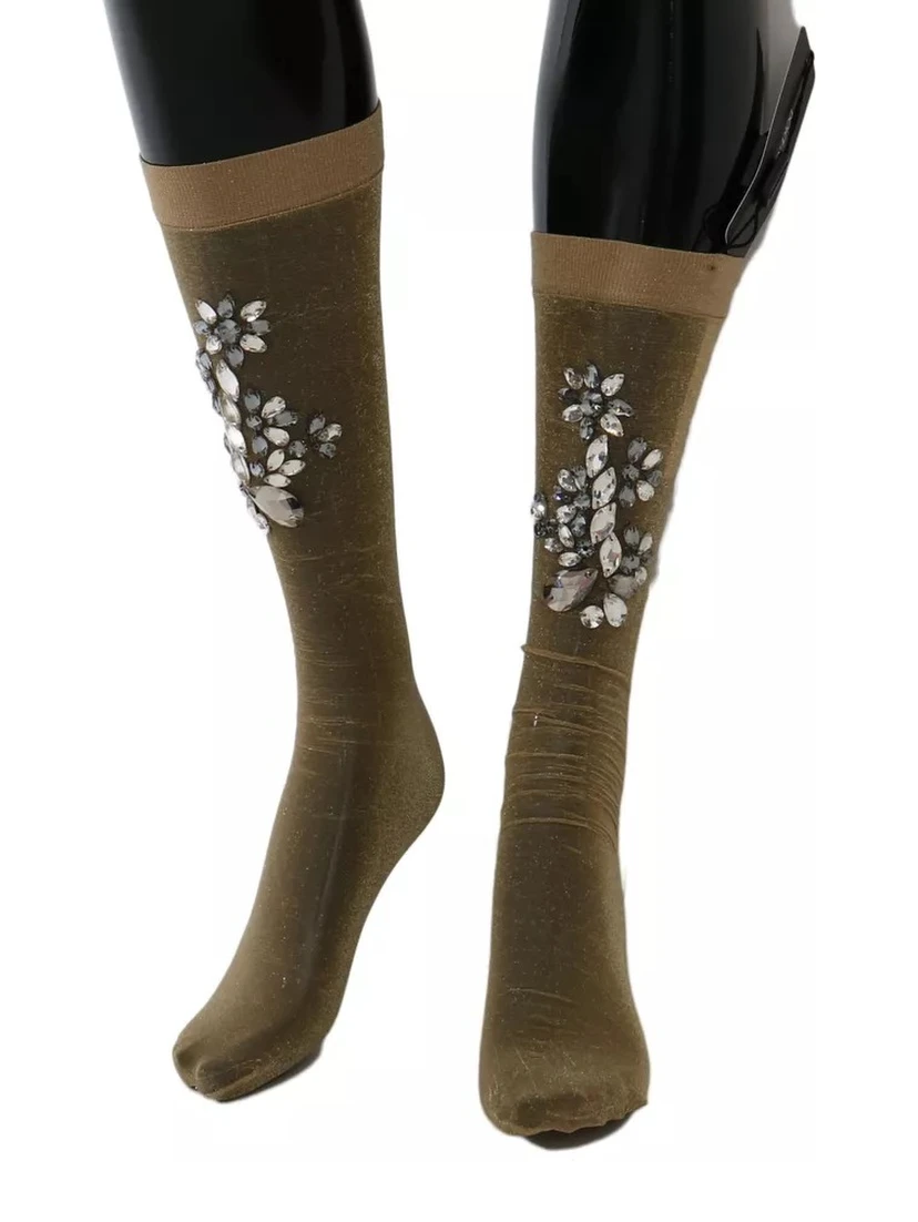 Gold Stretch Floral Clear Crystal Stocking Socks