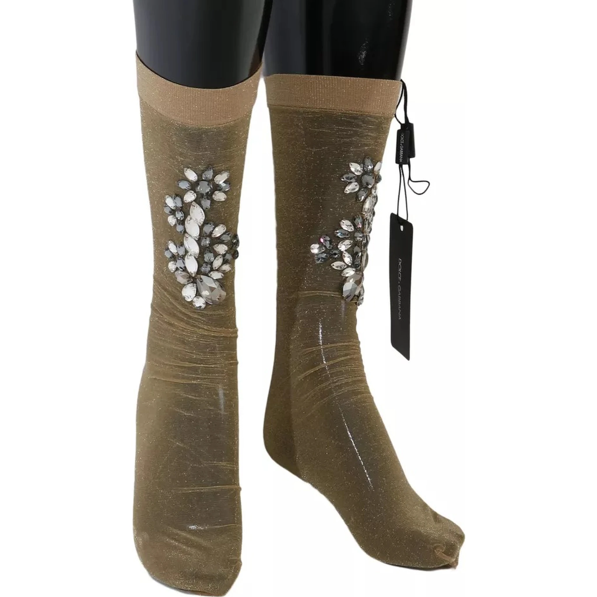 Gold Stretch Floral Clear Crystal Stocking Socks