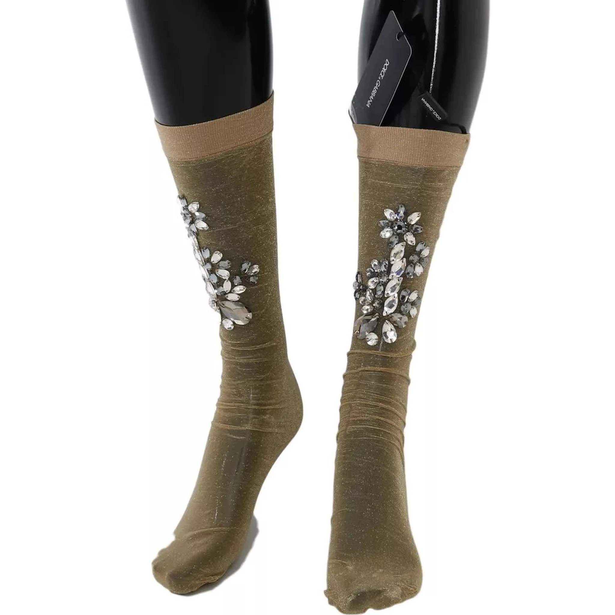 Gold Stretch Floral Clear Crystal Stocking Socks