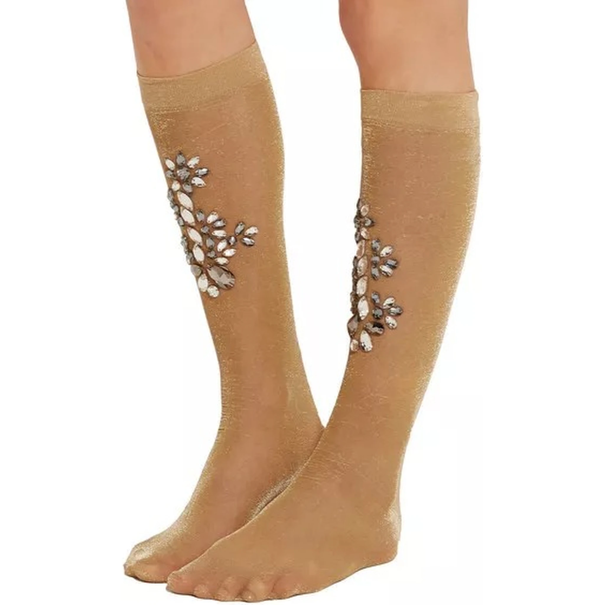 Gold Stretch Floral Clear Crystal Stocking Socks