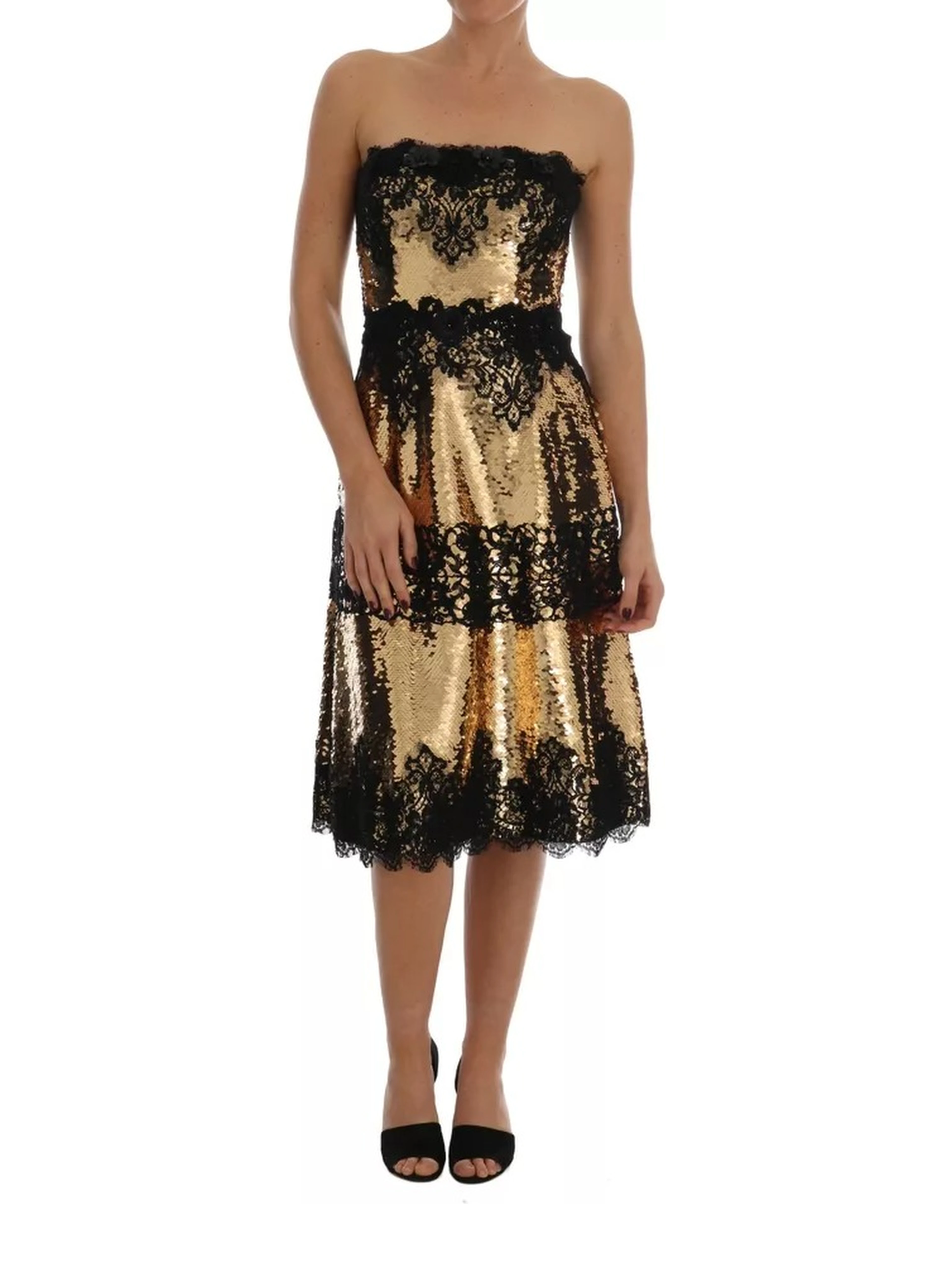 Gold Strapless Sequin Embellished Lace Dress