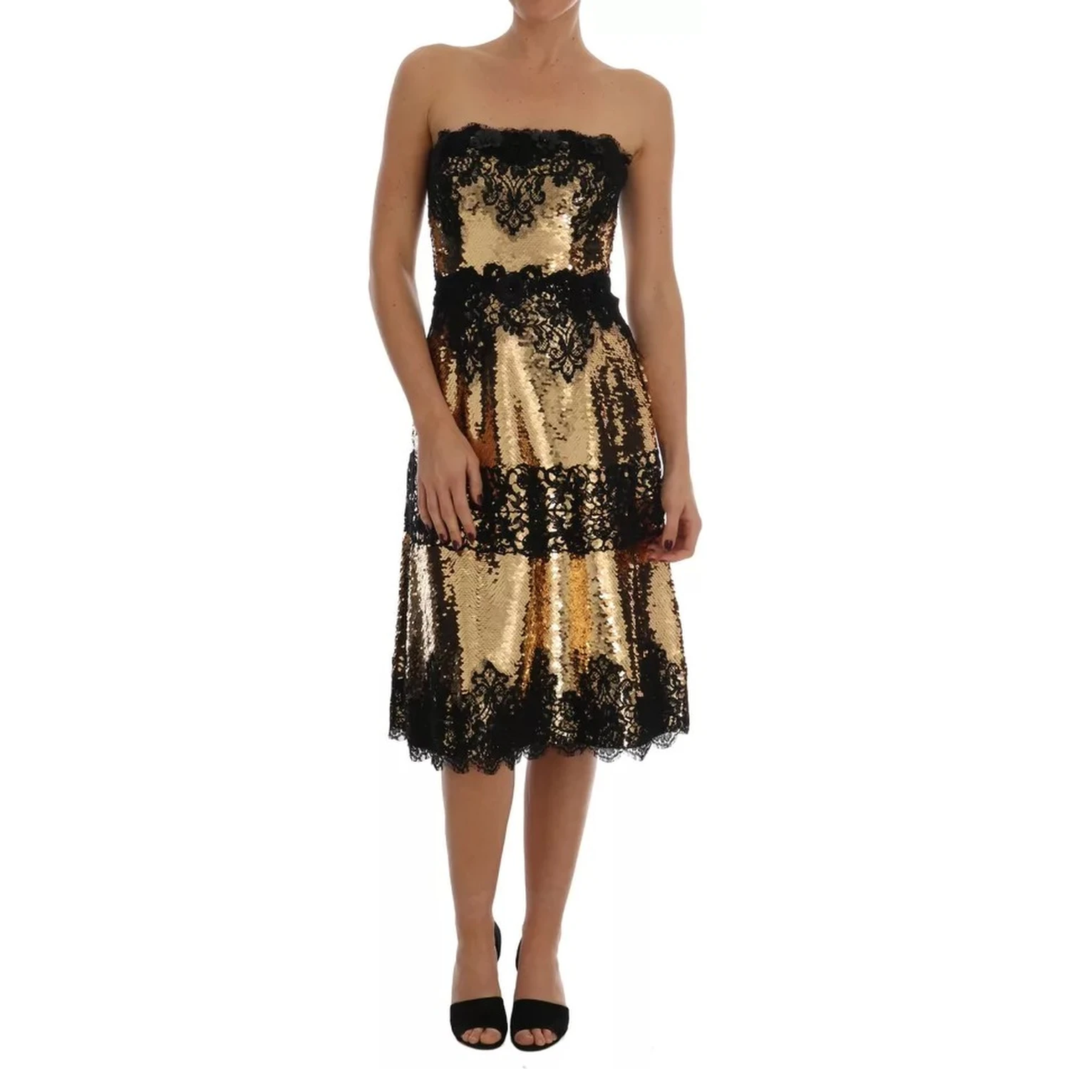 Gold Strapless Sequin Embellished Lace Dress