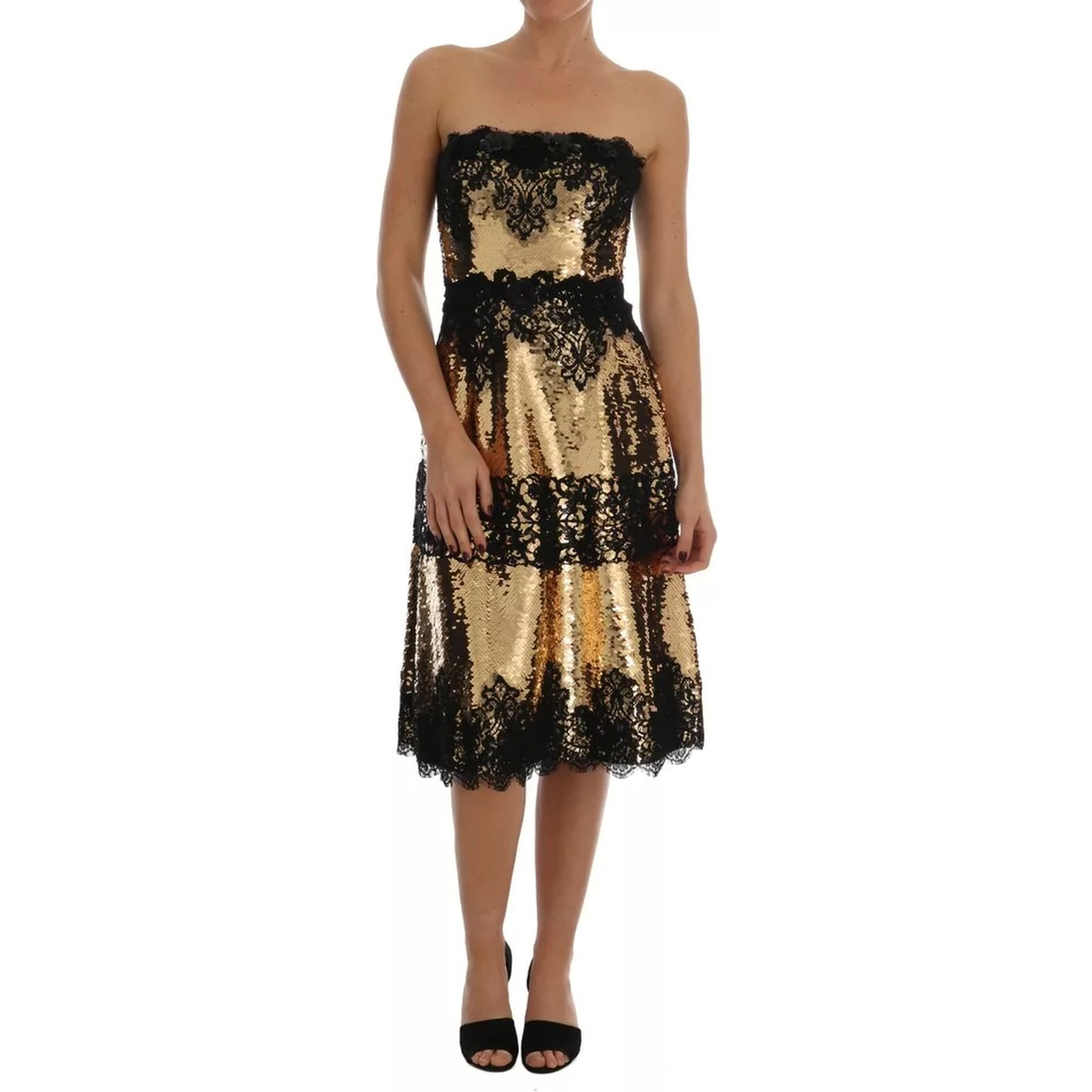 Gold Strapless Sequin Embellished Lace Dress