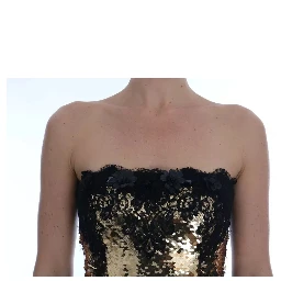 Gold Strapless Sequin Embellished Lace Dress