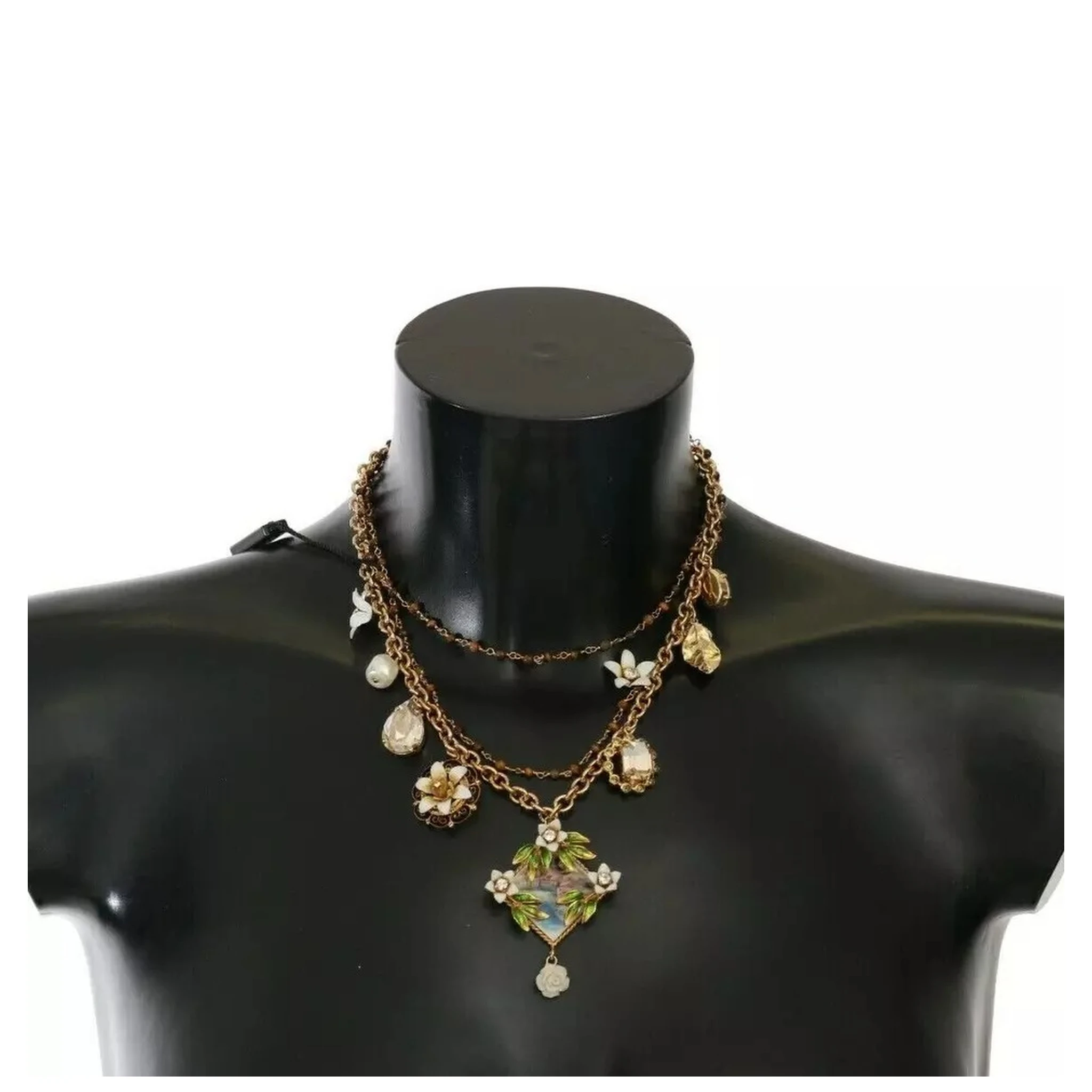 Gold Brass Crystal Floral Statement Charms Necklace