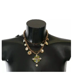 Gold Brass Crystal Floral Statement Charms Necklace