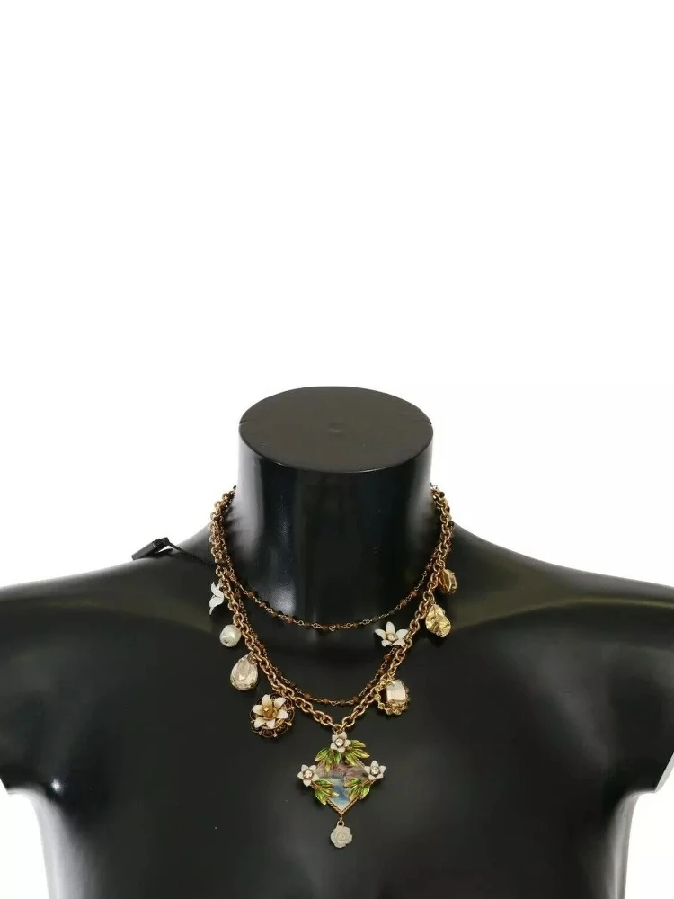 Gold Brass Crystal Floral Statement Charms Necklace alternative