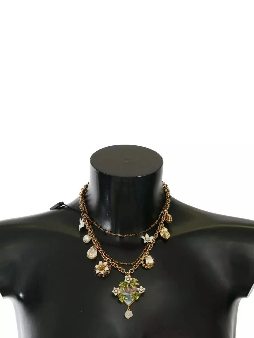 Gold Brass Crystal Floral Statement Charms Necklace