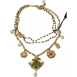 Gold Brass Crystal Floral Statement Charms Necklace