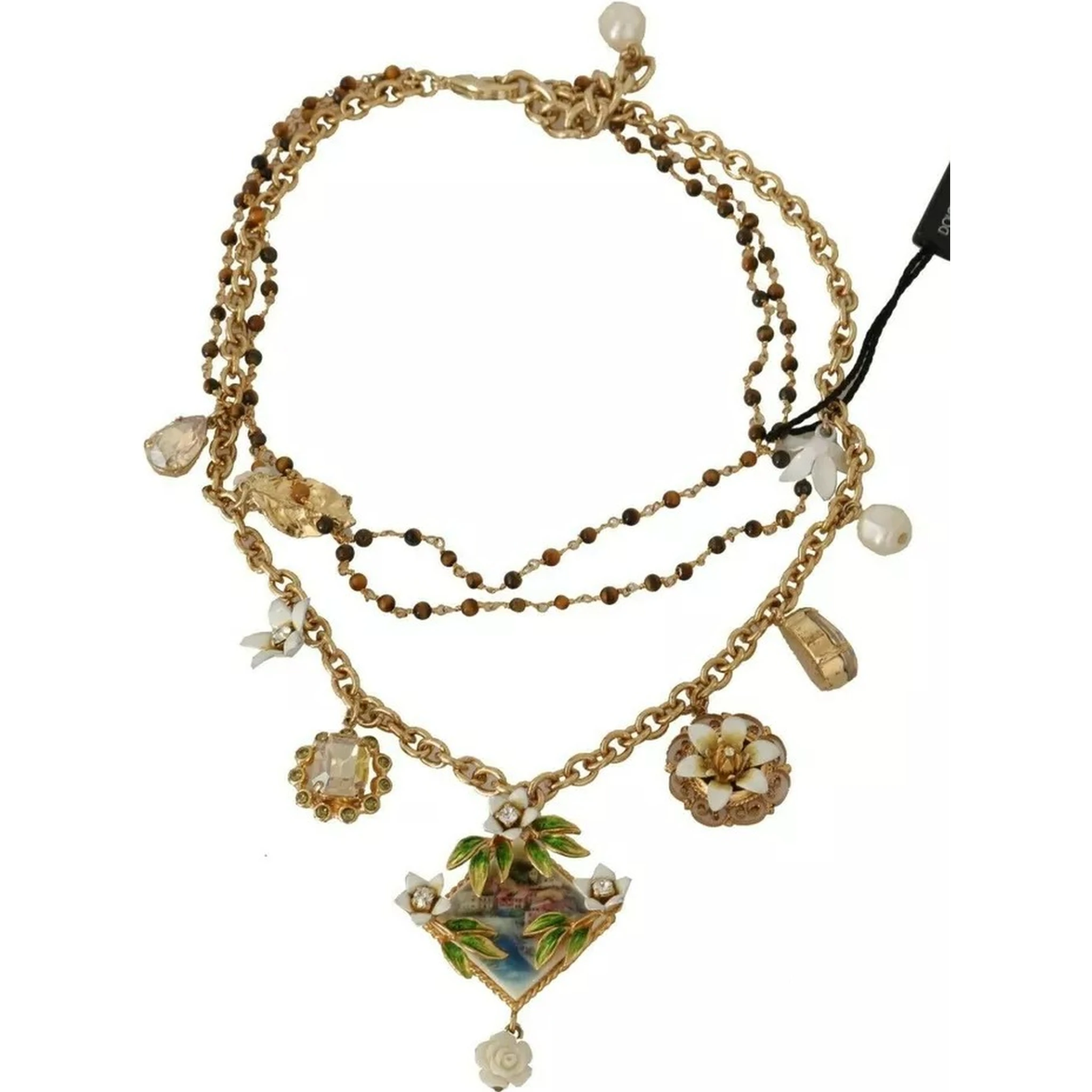 Gold Brass Crystal Floral Statement Charms Necklace
