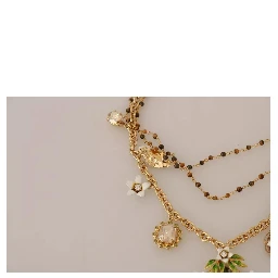 Gold Brass Crystal Floral Statement Charms Necklace
