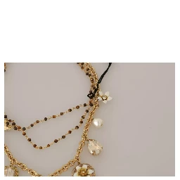 Gold Brass Crystal Floral Statement Charms Necklace