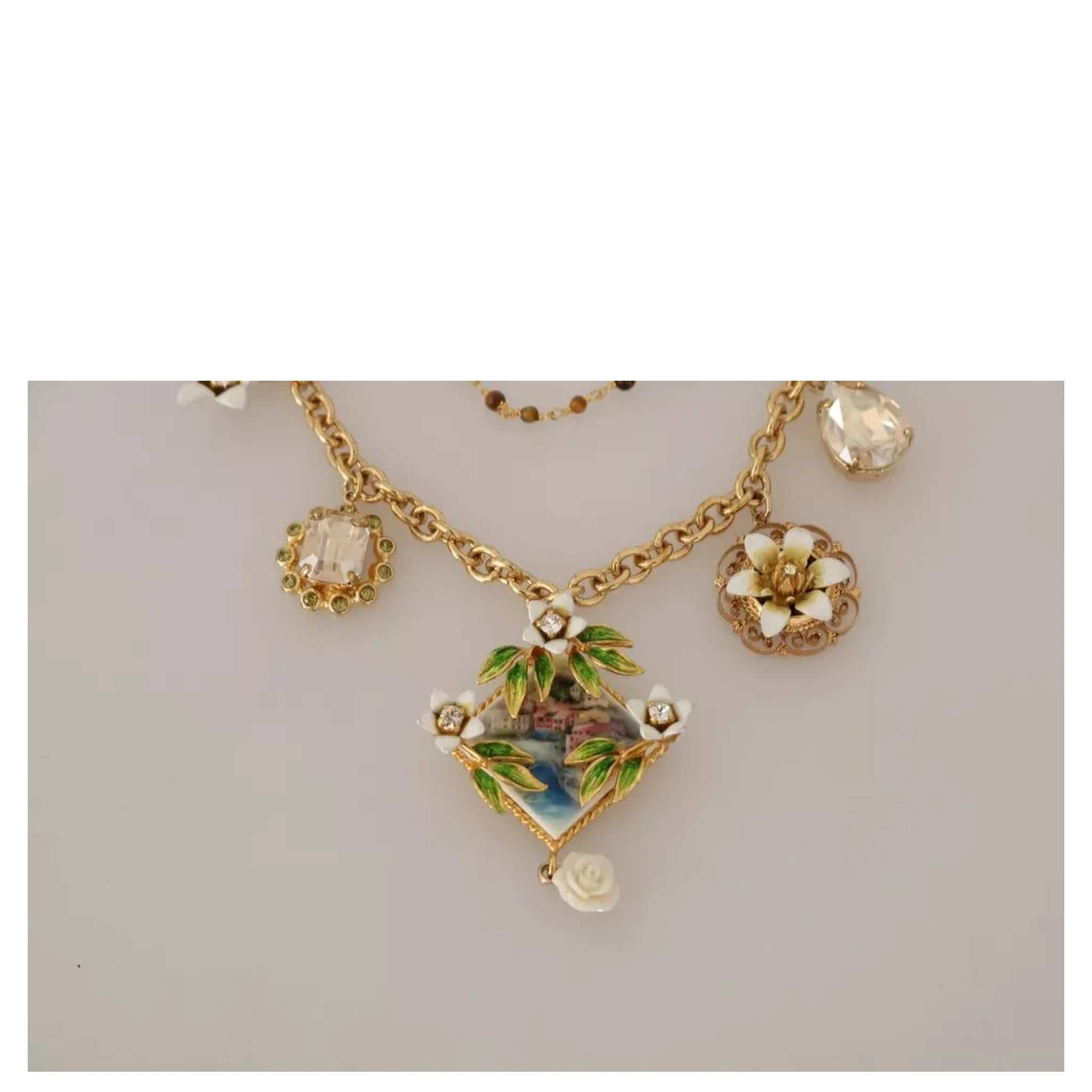 Gold Brass Crystal Floral Statement Charms Necklace