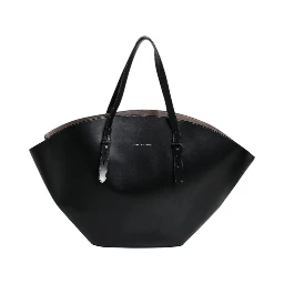 Black Leather Logo Shoulder Strap Shopping Tote Bag