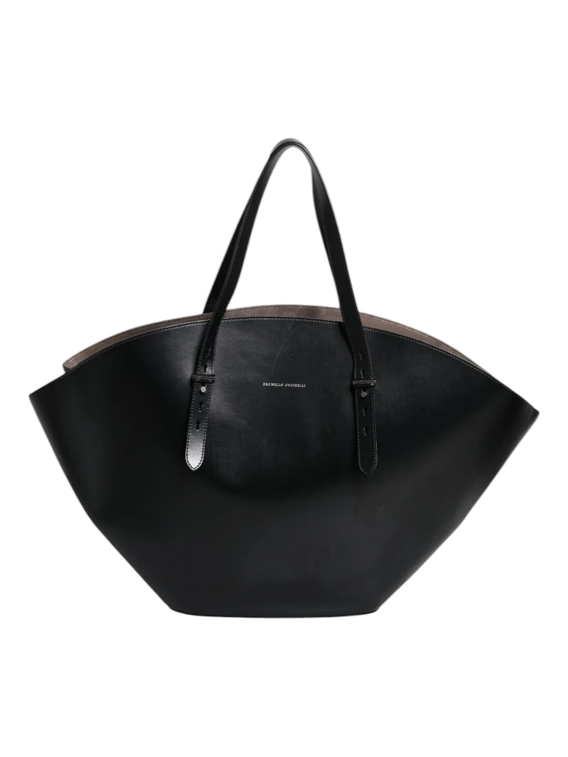 Black Leather Logo Shoulder Strap Shopping Tote Bag