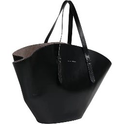 Black Leather Logo Shoulder Strap Shopping Tote Bag