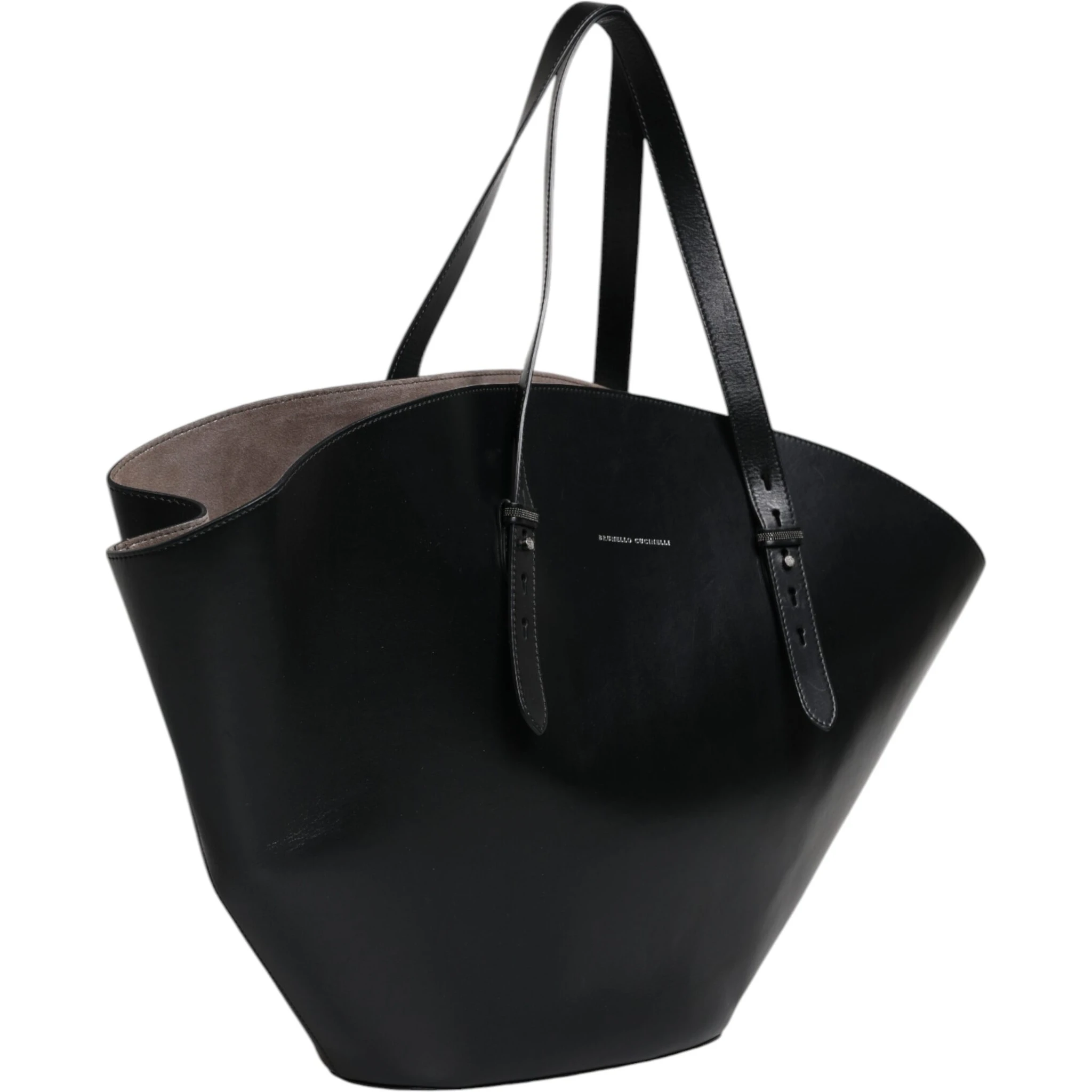 Black Leather Logo Shoulder Strap Shopping Tote Bag
