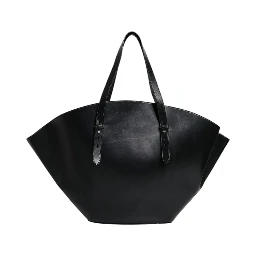 Black Leather Logo Shoulder Strap Shopping Tote Bag