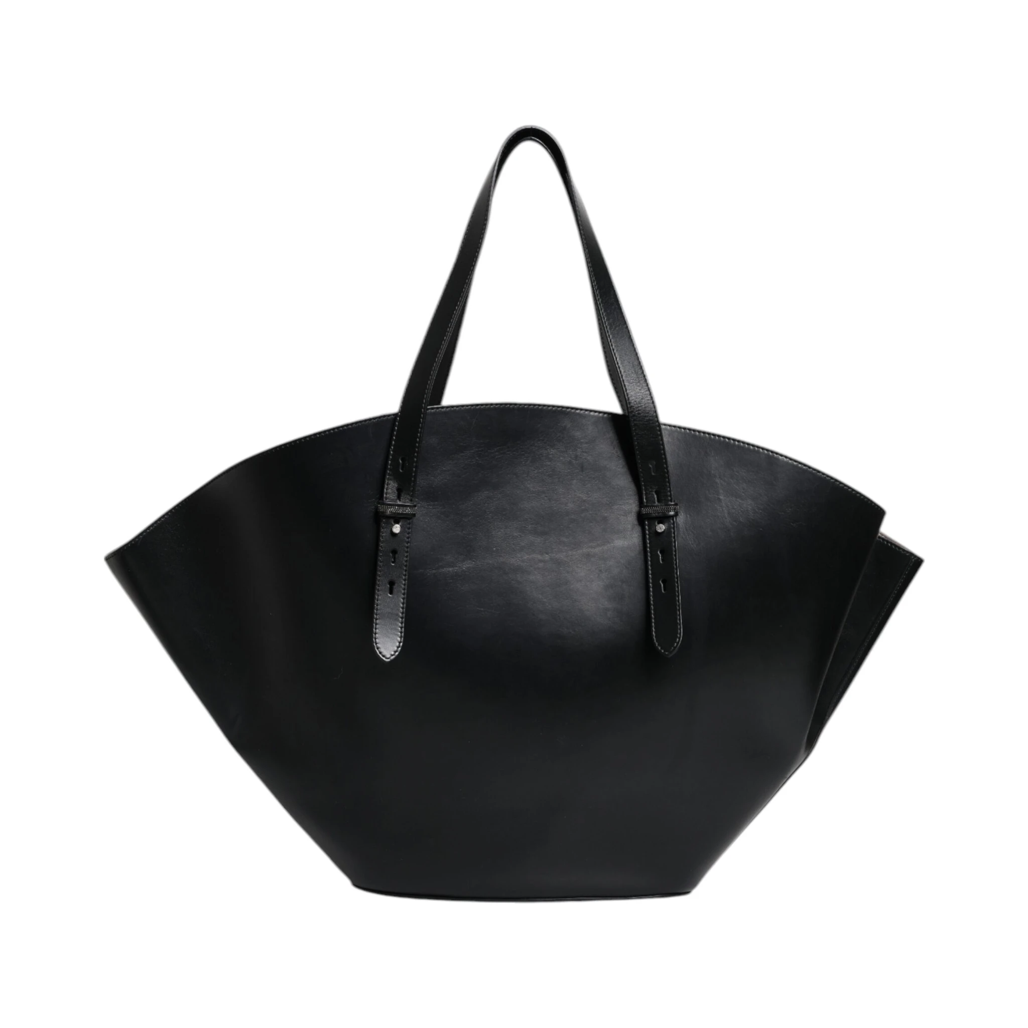 Black Leather Logo Shoulder Strap Shopping Tote Bag