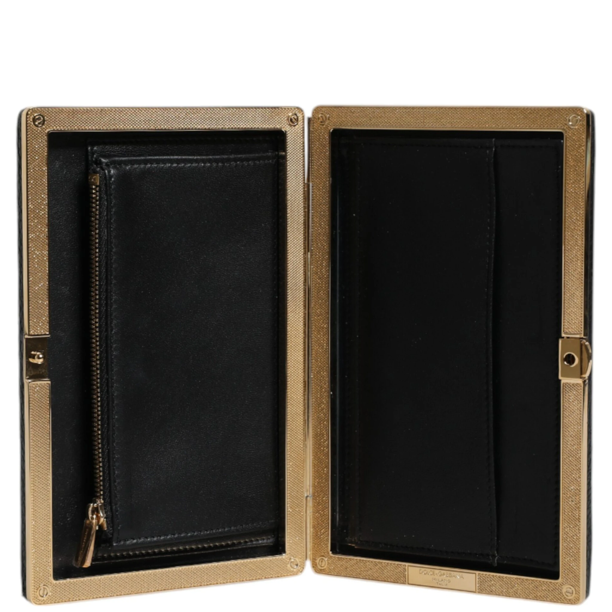 Black Leather Gold Frame Clutch Evening Party Purse Bag